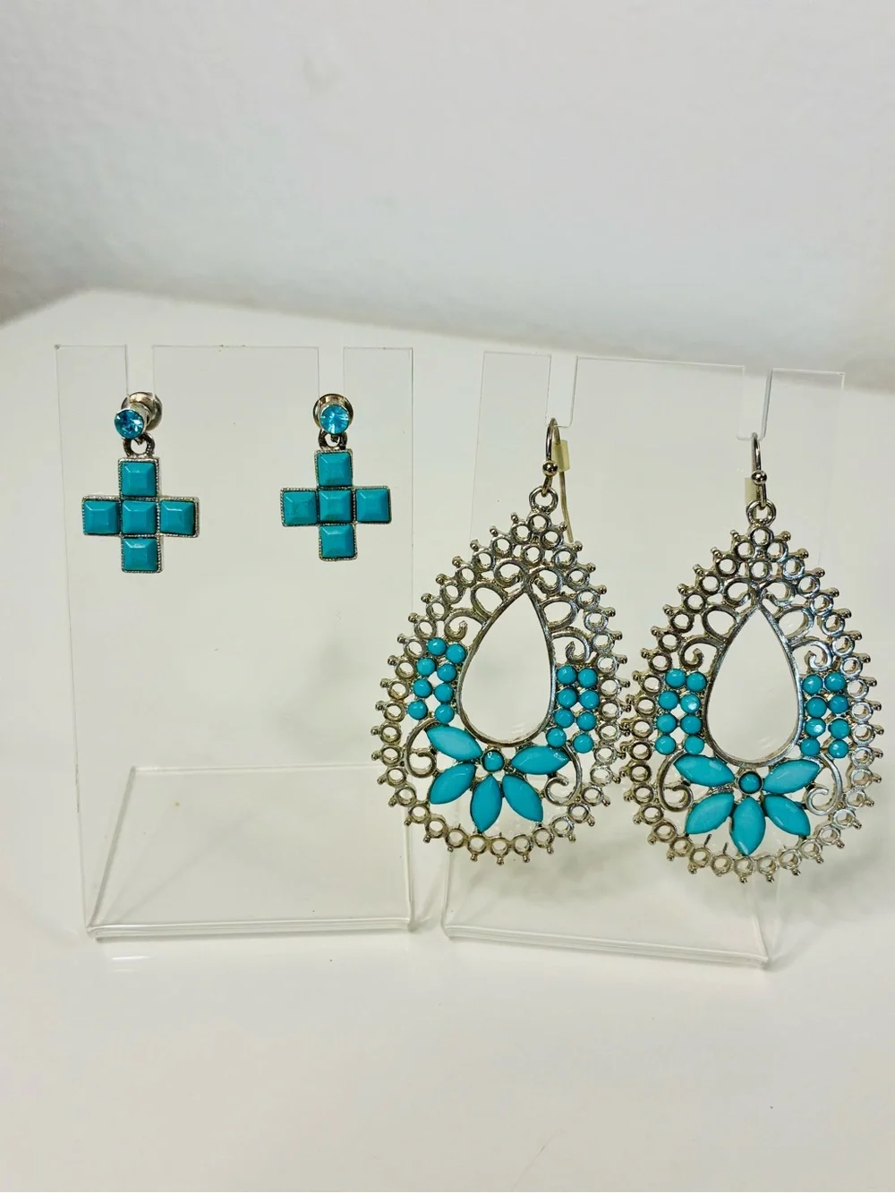 Turquoise Blue Statement Dangling and Dainty Cross Earrings Set Lot of 2 Casual